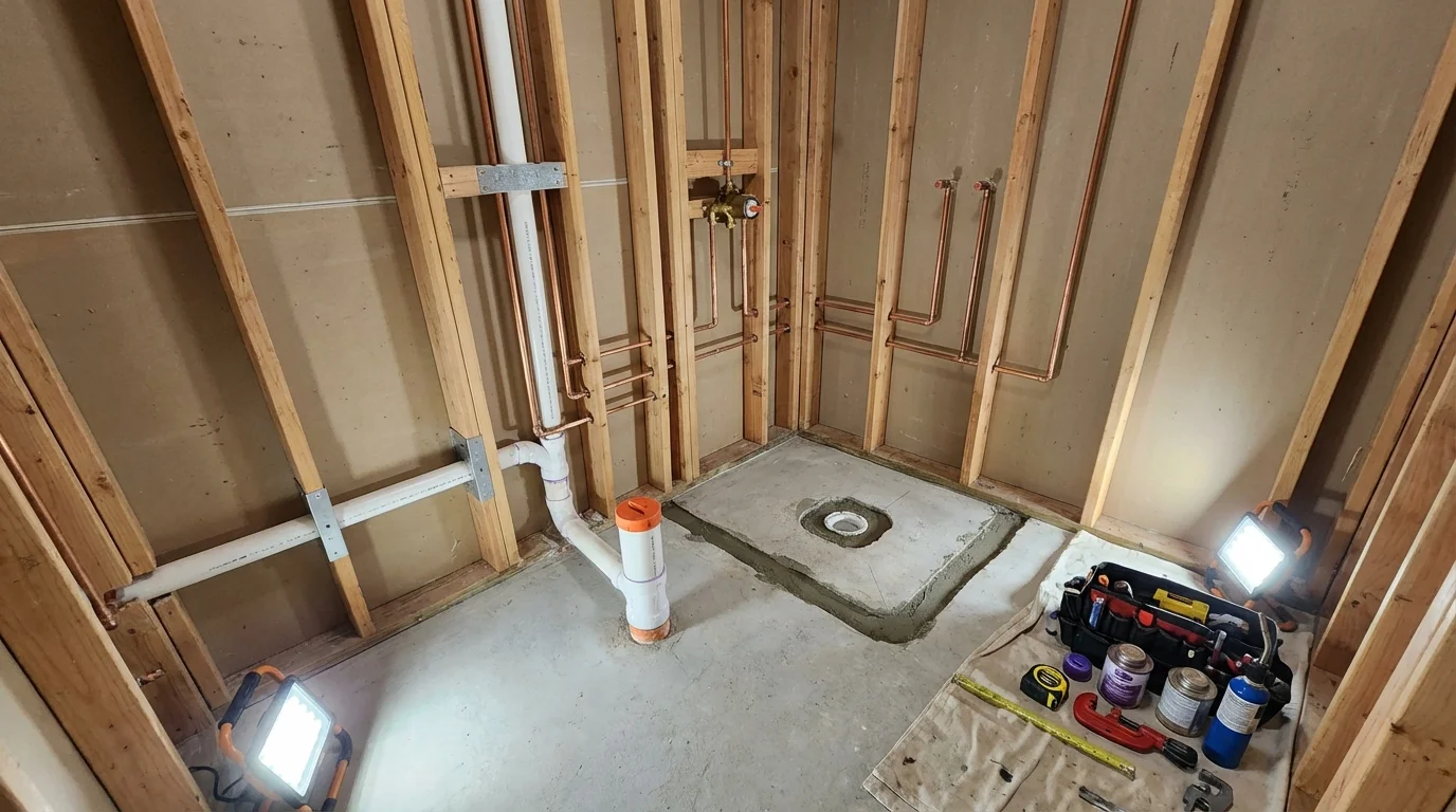 Bathroom rough-in plumbing during remodel by Johns Plumbing LLC in North Newton
