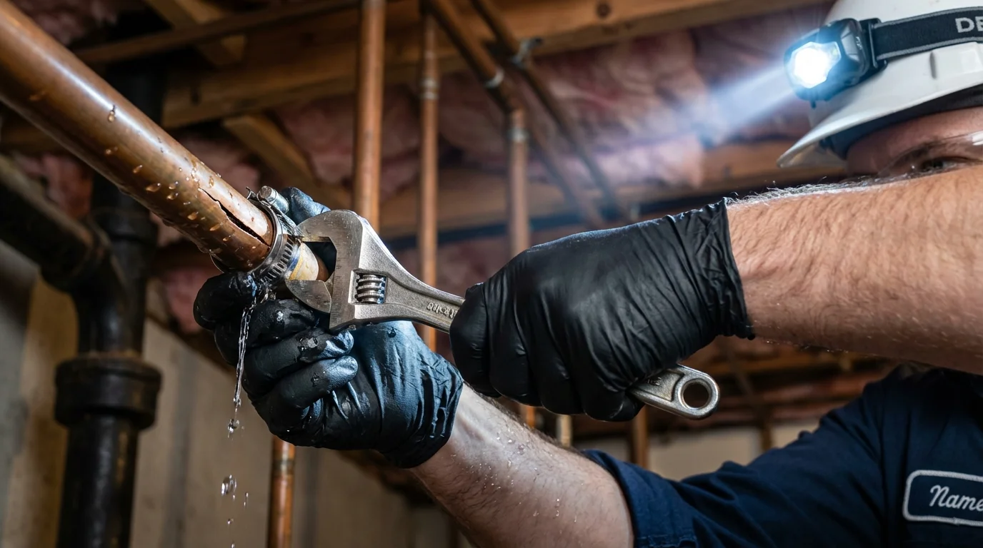 Emergency pipe clamp repair being performed by a Johns Plumbing LLC plumber in North Newton