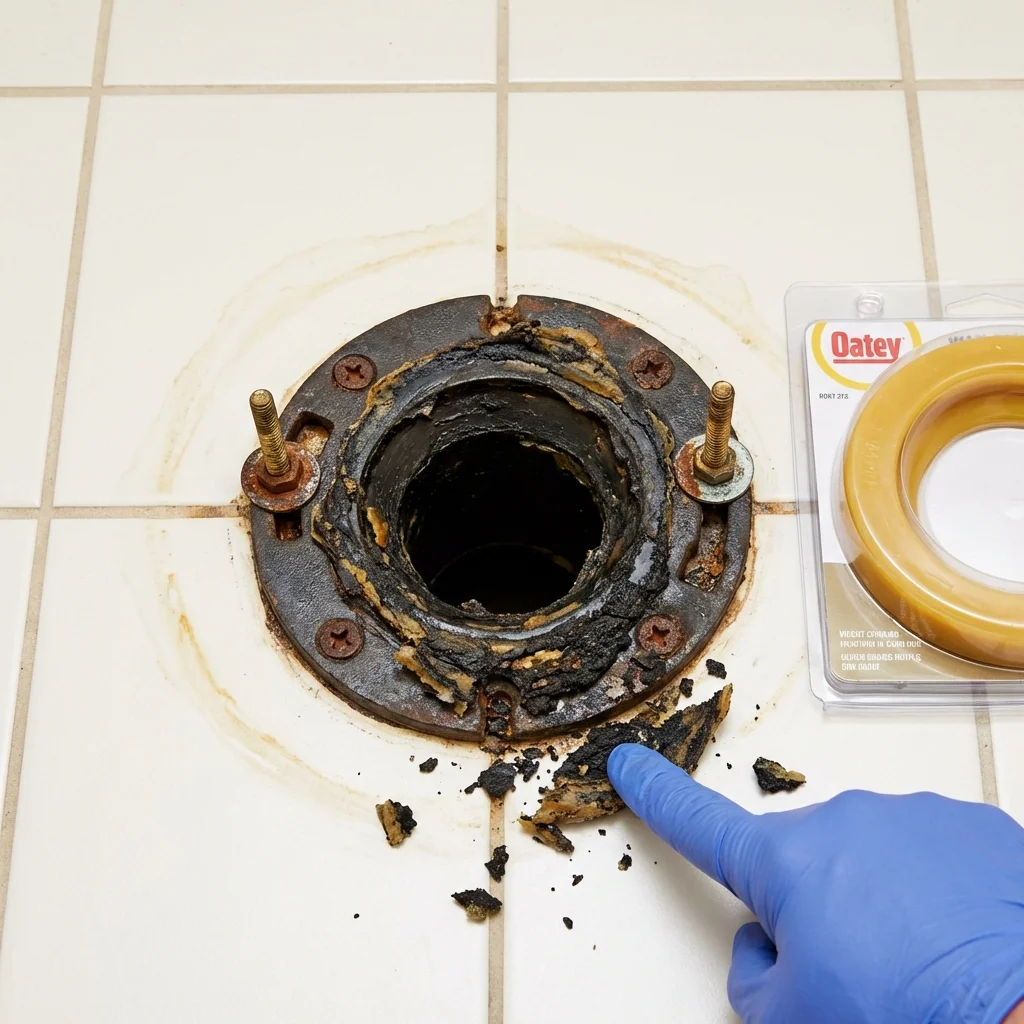 Failed wax ring showing water seepage at the base of a toilet in a North Newton, KS home