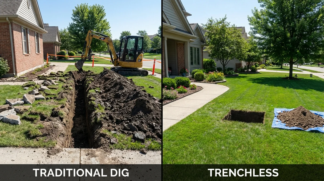 Trenchless sewer repair with minimal yard damage versus traditional excavation in North Newton, KS