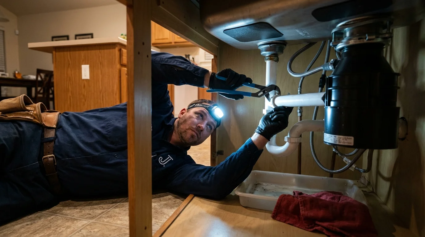 P-trap and supply line connections under a kitchen sink showing a common leak point in North Newton, KS